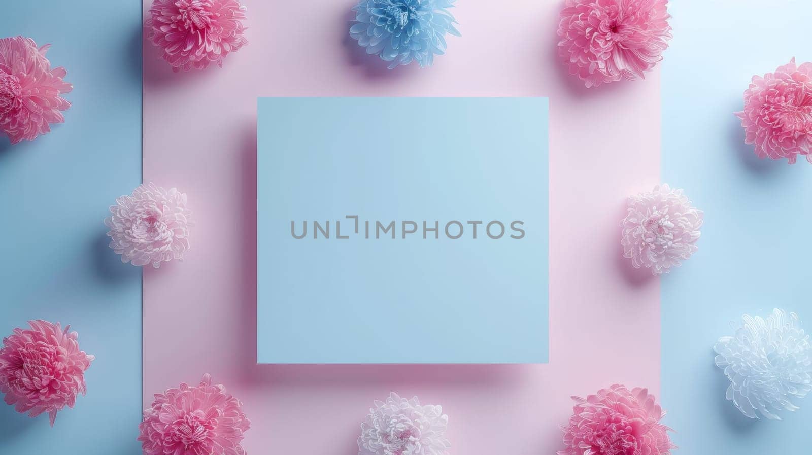 A square of paper with flowers on a blue and pink background