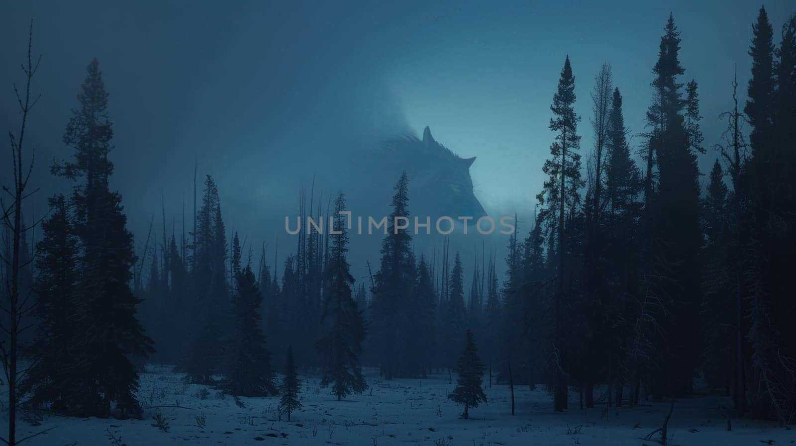 A wolf is seen in the foggy woods near a forest
