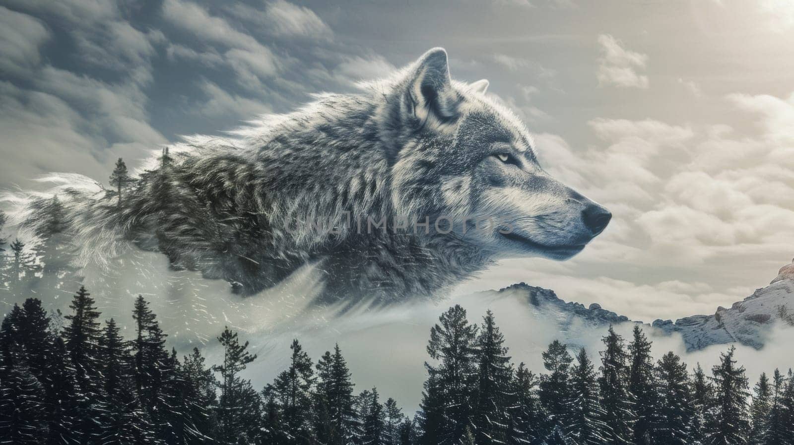 A large wolf is shown in a painting of the sky, AI by starush