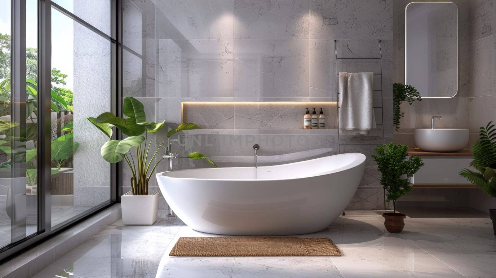 A bathroom with a large bathtub and plants in the corner, AI by starush
