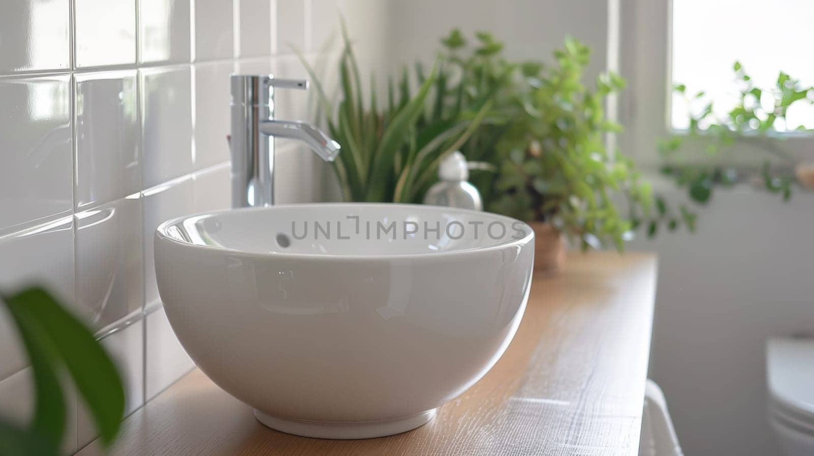 A white bowl sitting on top of a wooden counter next to some plants