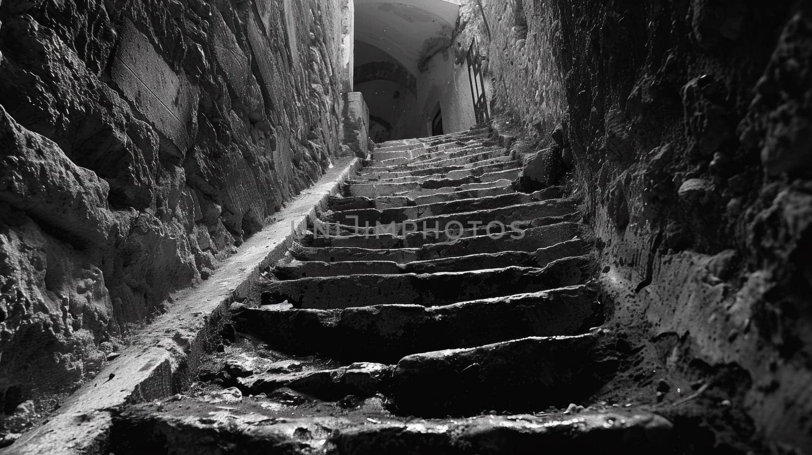 A black and white photo of a stairway leading to an underground tunnel