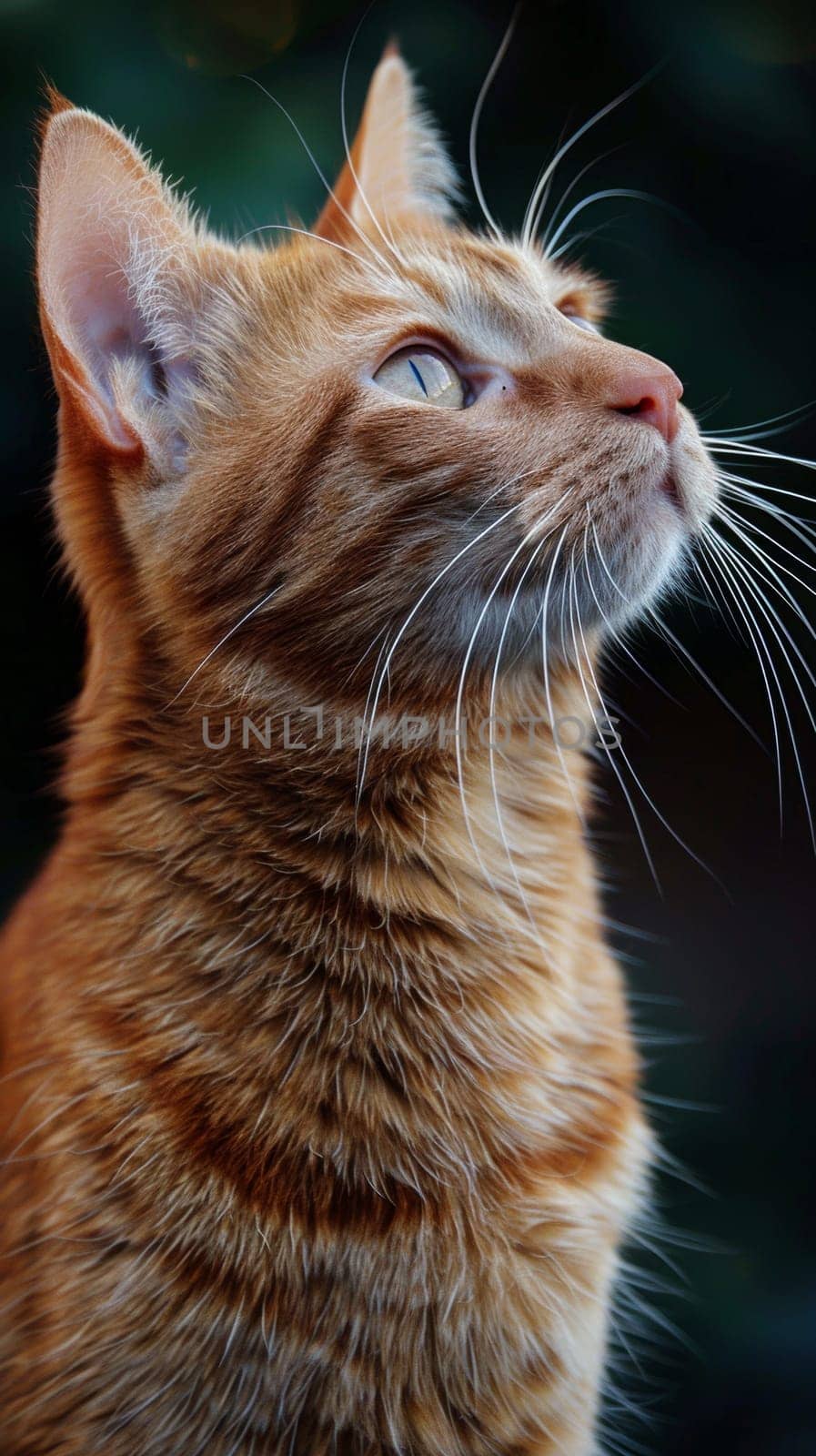 A close up of a cat looking upwards with its eyes open