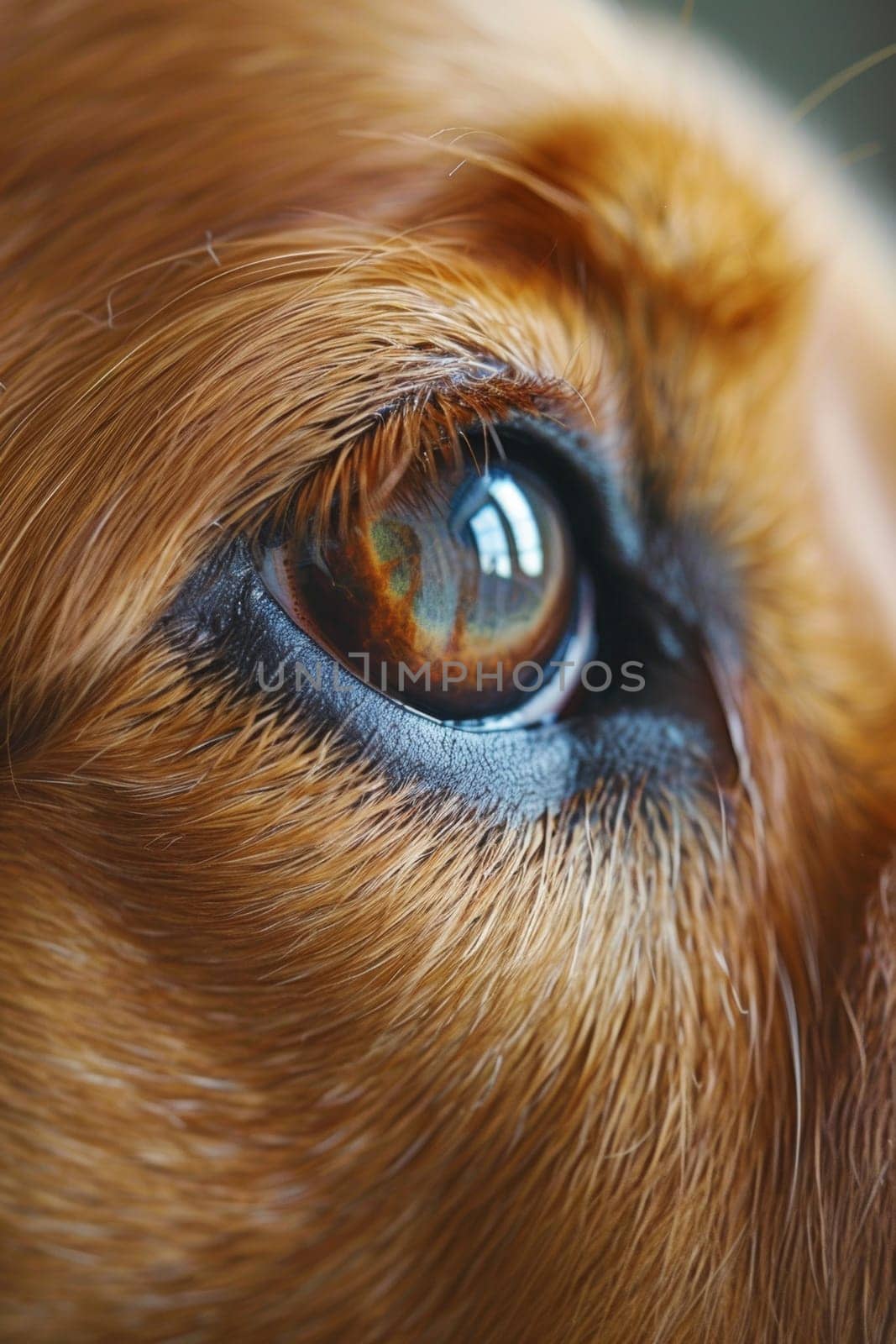 A close up of a brown dog's eye with some light coming through