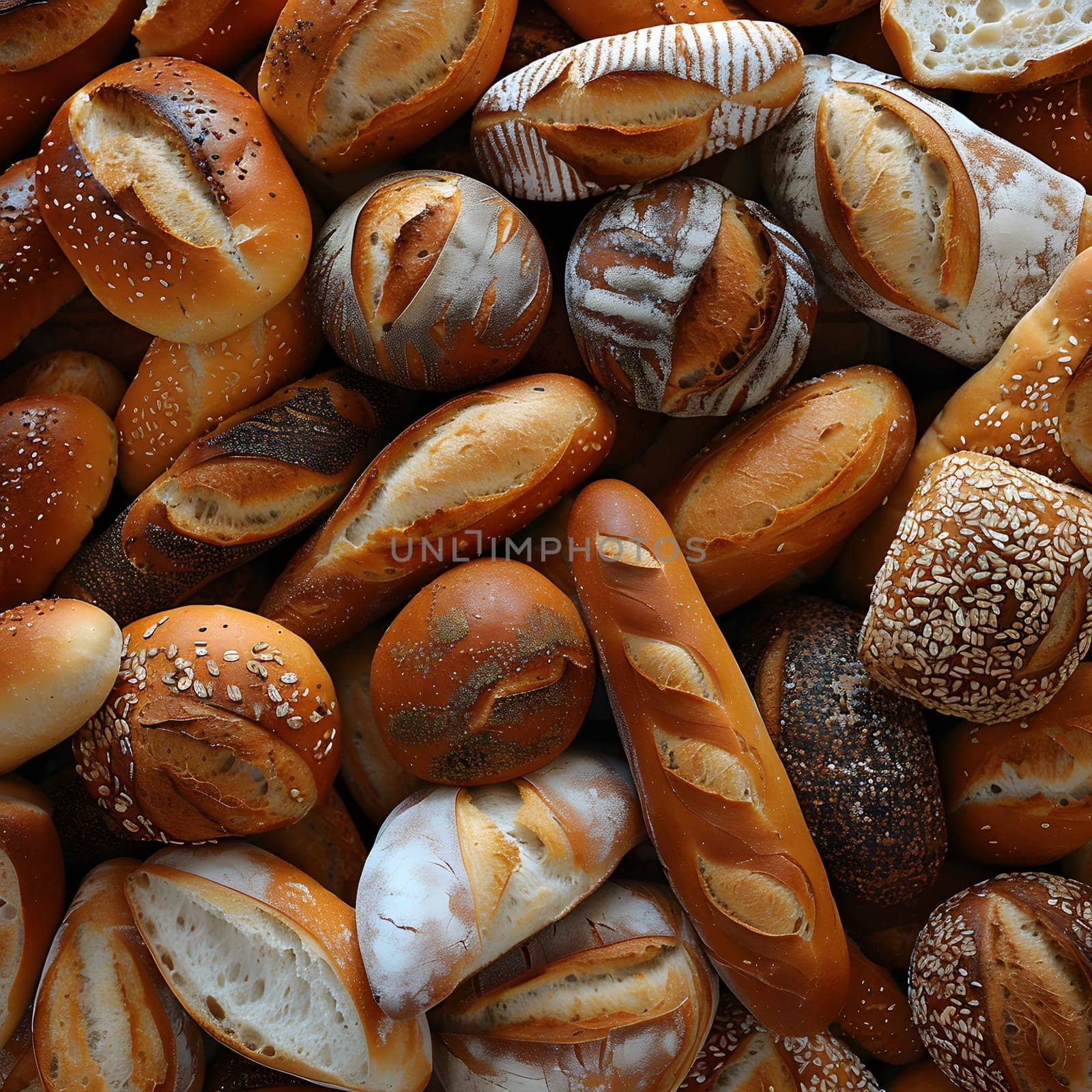 Assorted breads stacked high, made with natural ingredients and seeds by Nadtochiy