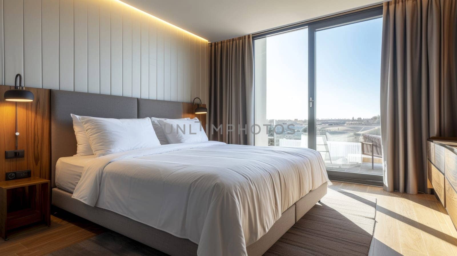 A bedroom with a large bed and sliding glass doors