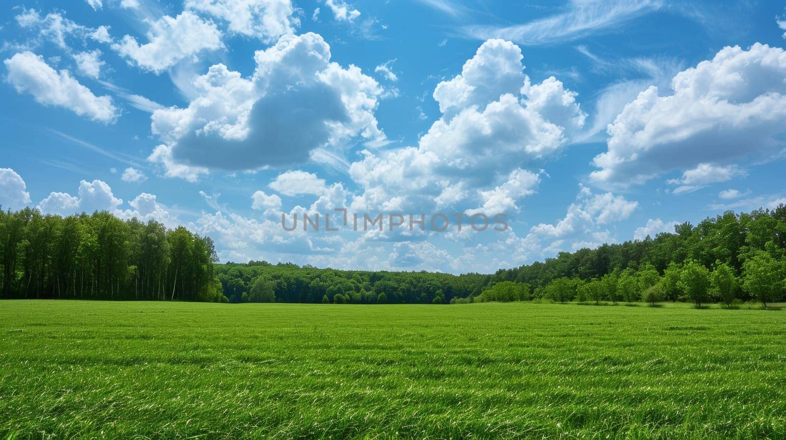 A large field with trees and clouds in the sky