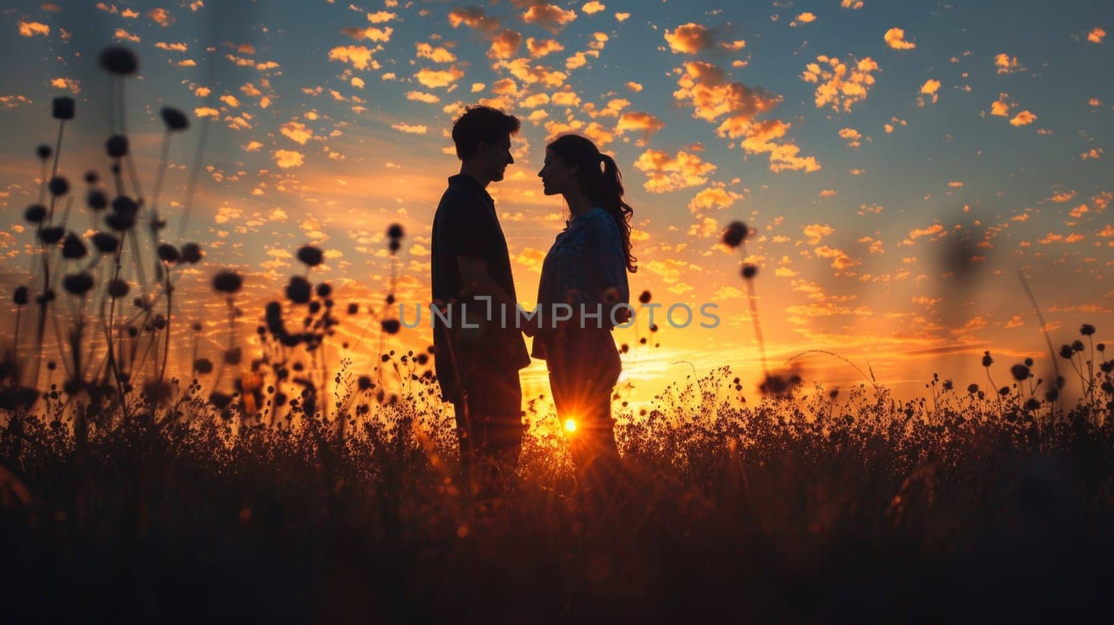 A couple standing in a field at sunset with the sun setting behind them, AI by starush