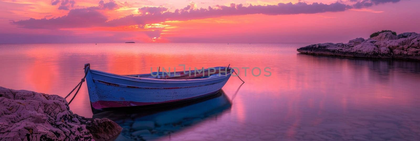 A boat is sitting on the shore of a body of water