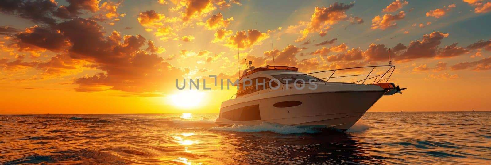 A boat is traveling on the ocean at sunset