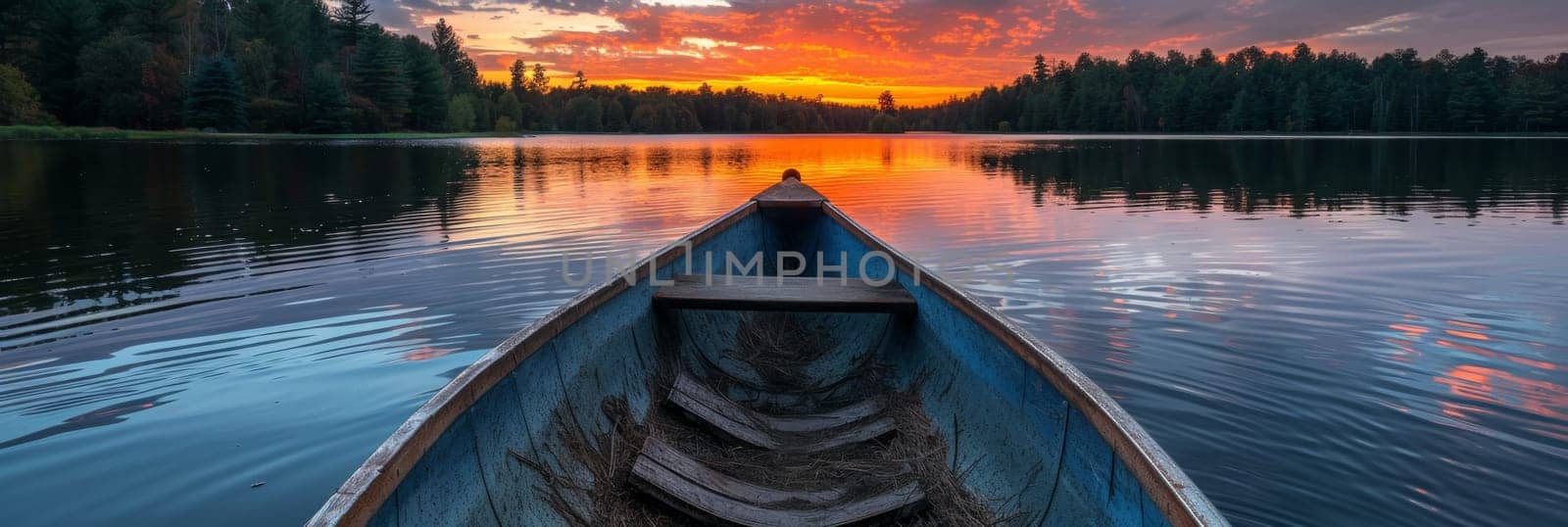 A boat on a lake with the sun setting in front of it, AI by starush