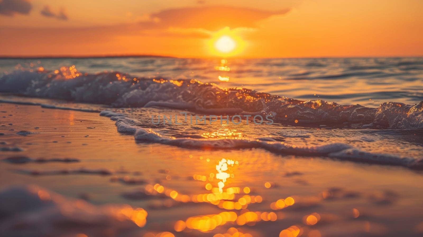 A sunset over the ocean with waves crashing on shore