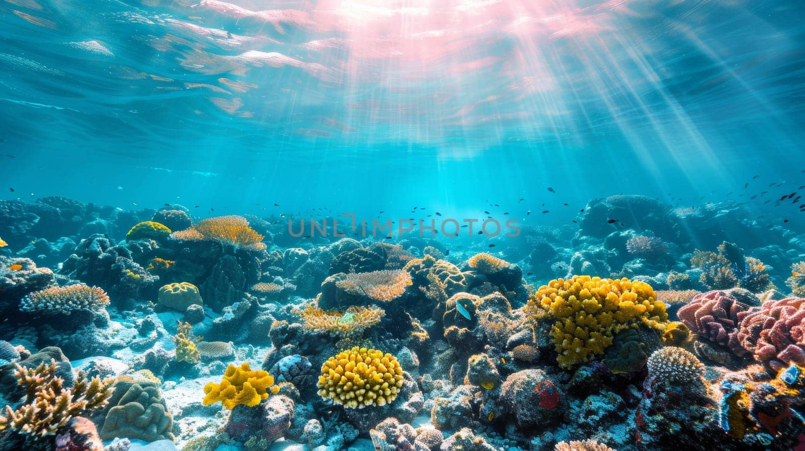 A beautiful underwater scene of a coral reef with sunlight shining through