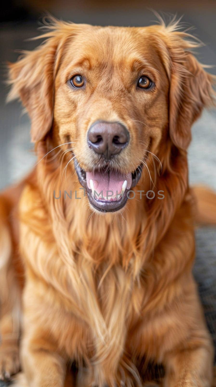 A close up of a dog sitting on the floor with its tongue out