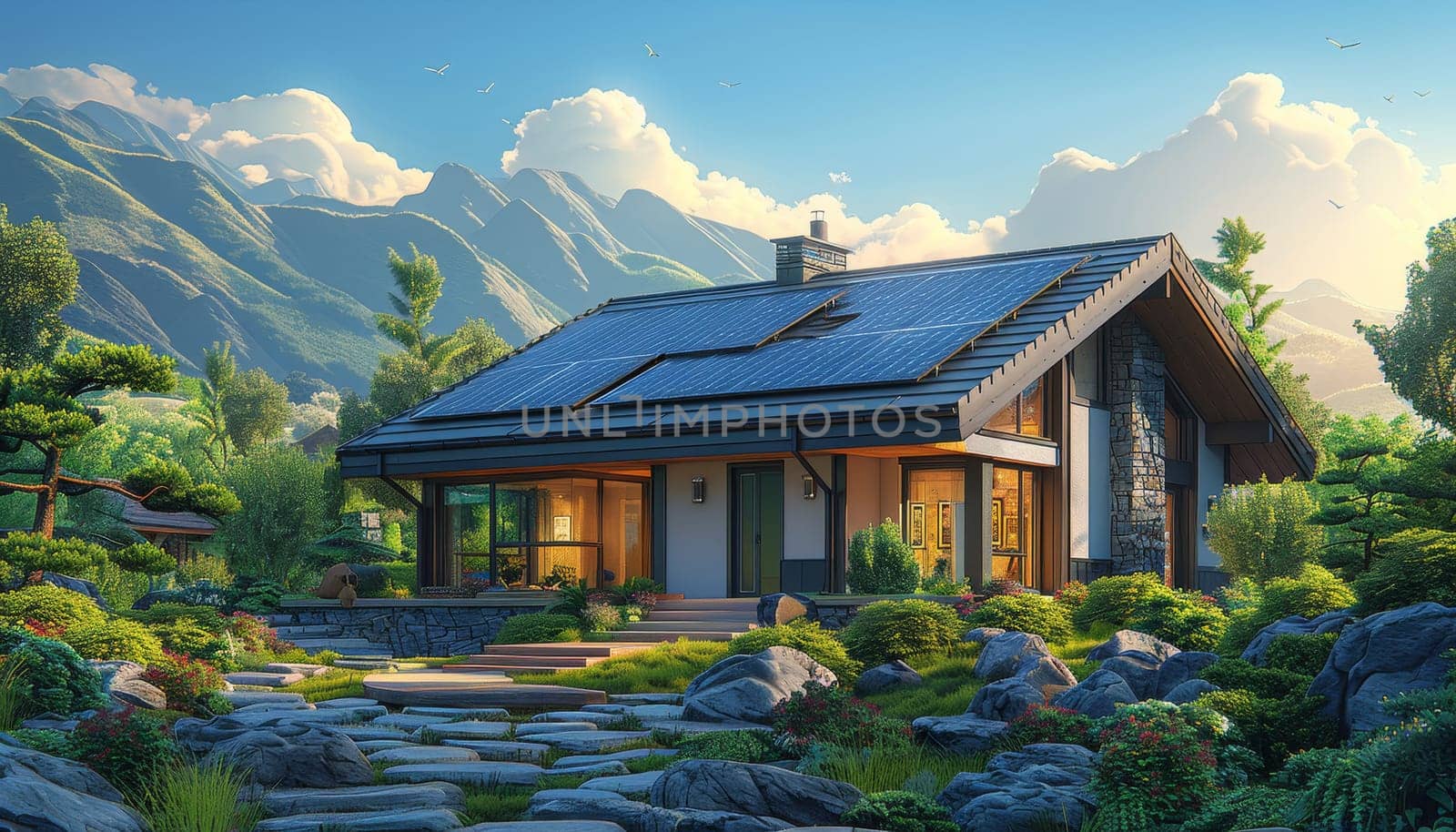 A house with solar panels on the roof and a solar panel on the side by AI generated image.