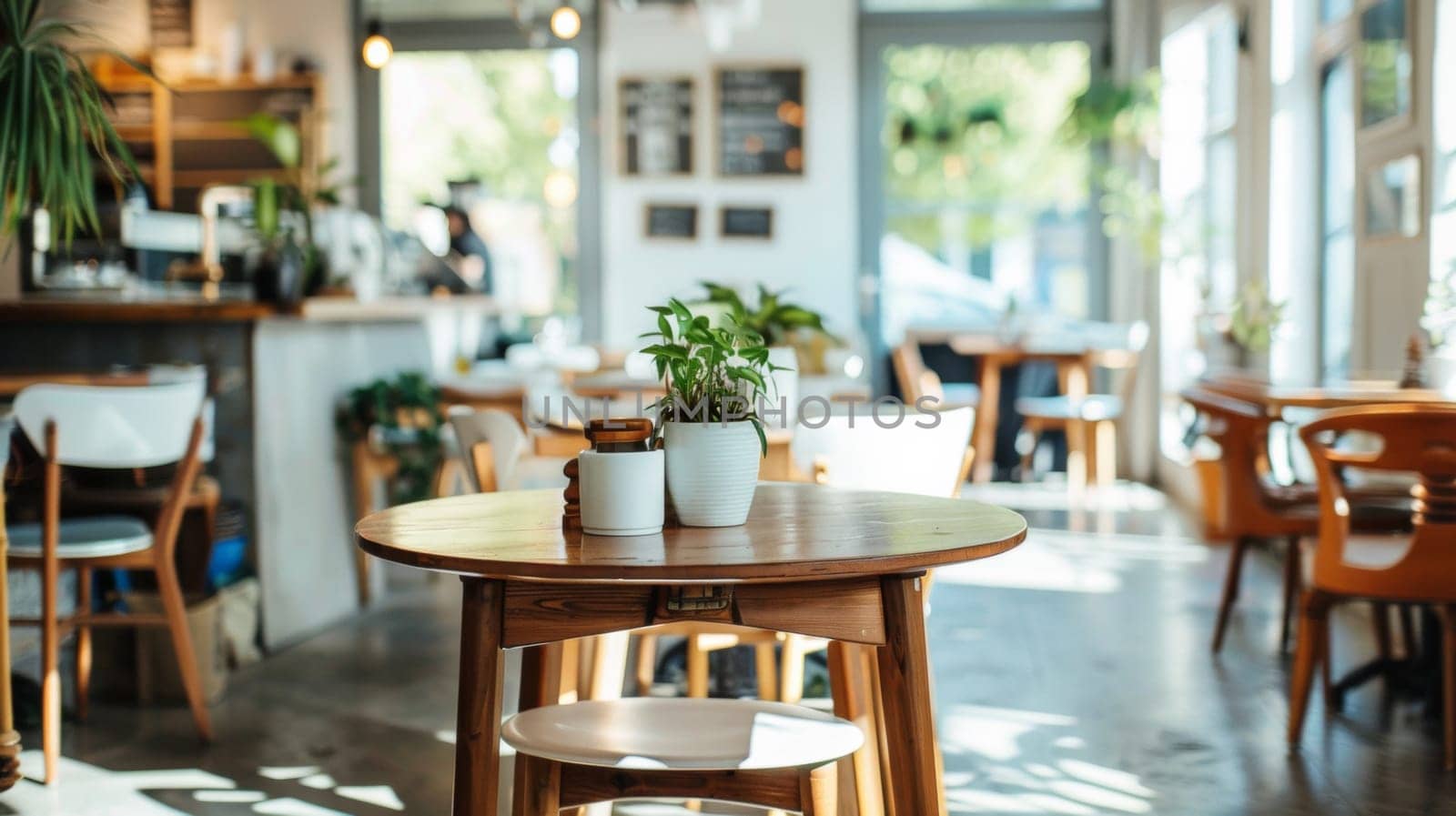 A table with a potted plant on it in the middle of an empty restaurant