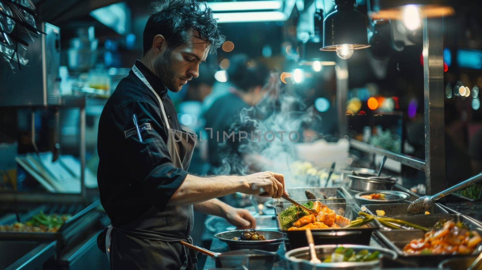 A man in a kitchen preparing food for customers