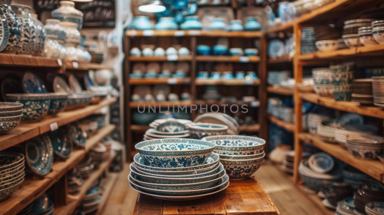 A large number of plates and bowls are stacked on shelves