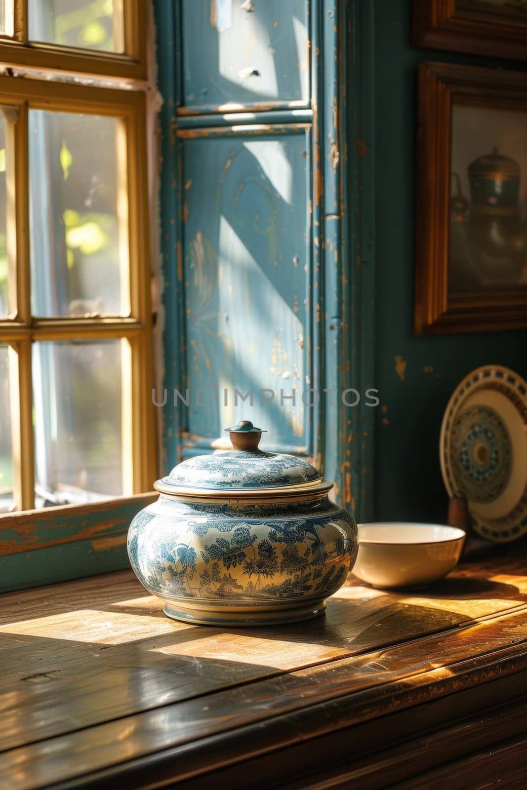 A blue and white pot sitting on a wooden counter next to some dishes