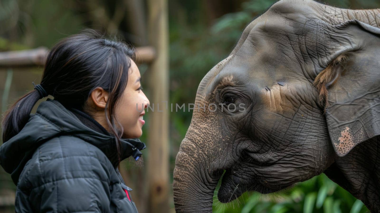 A woman standing next to an elephant with a smile on her face, AI by starush