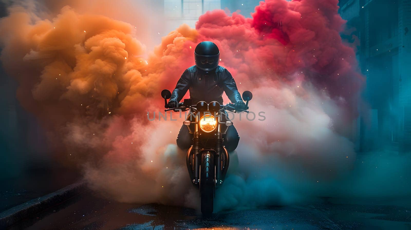 A man is riding a motorcycle through a cloud of smoke, with the automotive lighting illuminating the tire. The atmospheric phenomenon creates a dramatic landscape against the sky