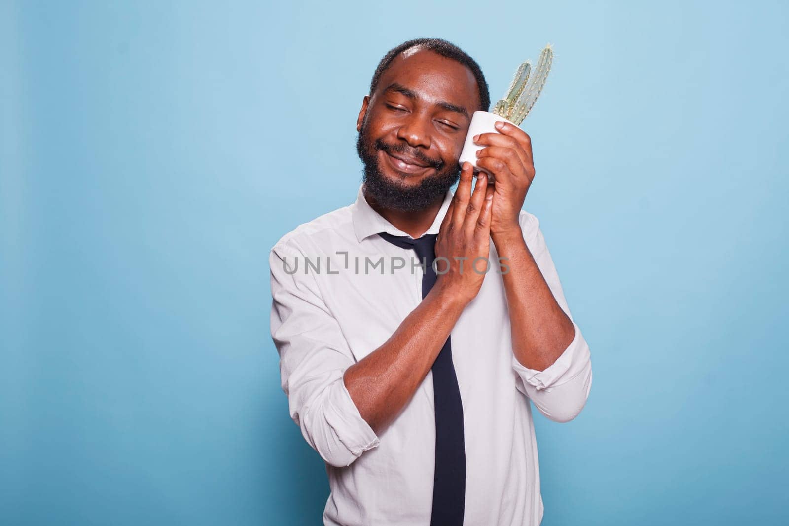 Young plant lover with eyes closed white pot with cactus to cheek showing love for houseplant. Smiling african american office worker with caring personality holding a potted plant.