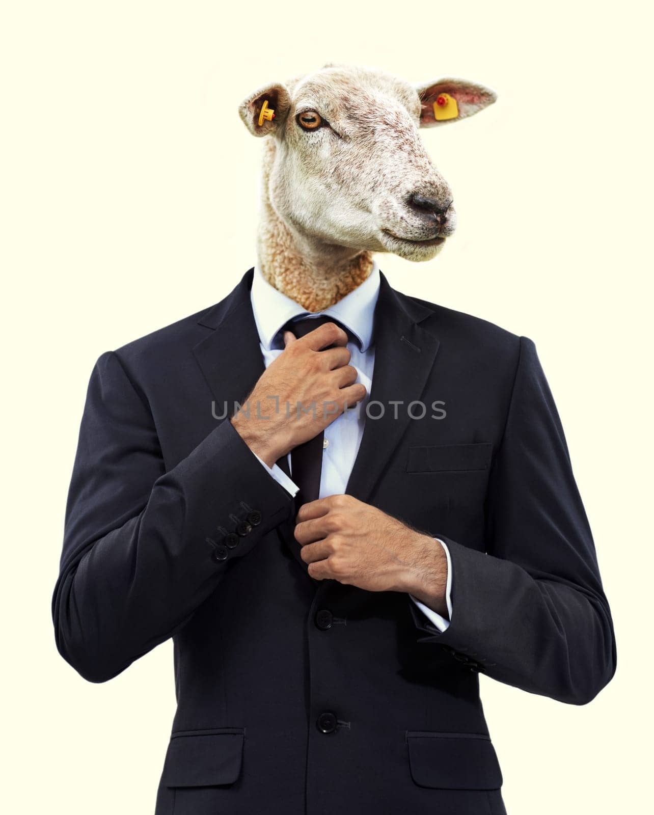 Business, sheep head and man in suit, surreal and workaholic on yellow studio background. Follower, employee and consultant with fashion or forced labour with abstract art and statement on capitalism.