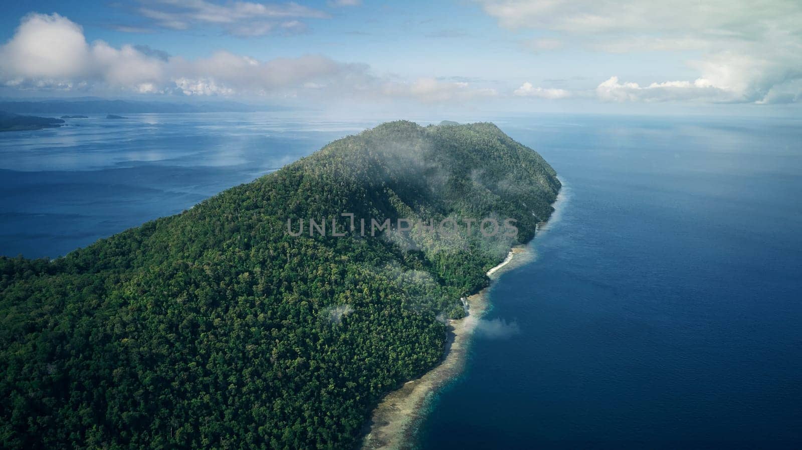 Drone, ocean or island and forest or trees for summer adventure, travel location or holiday destination. Aerial view, beach or natural environment with cloudy landscape or sea background in Indonesia by YuriArcurs