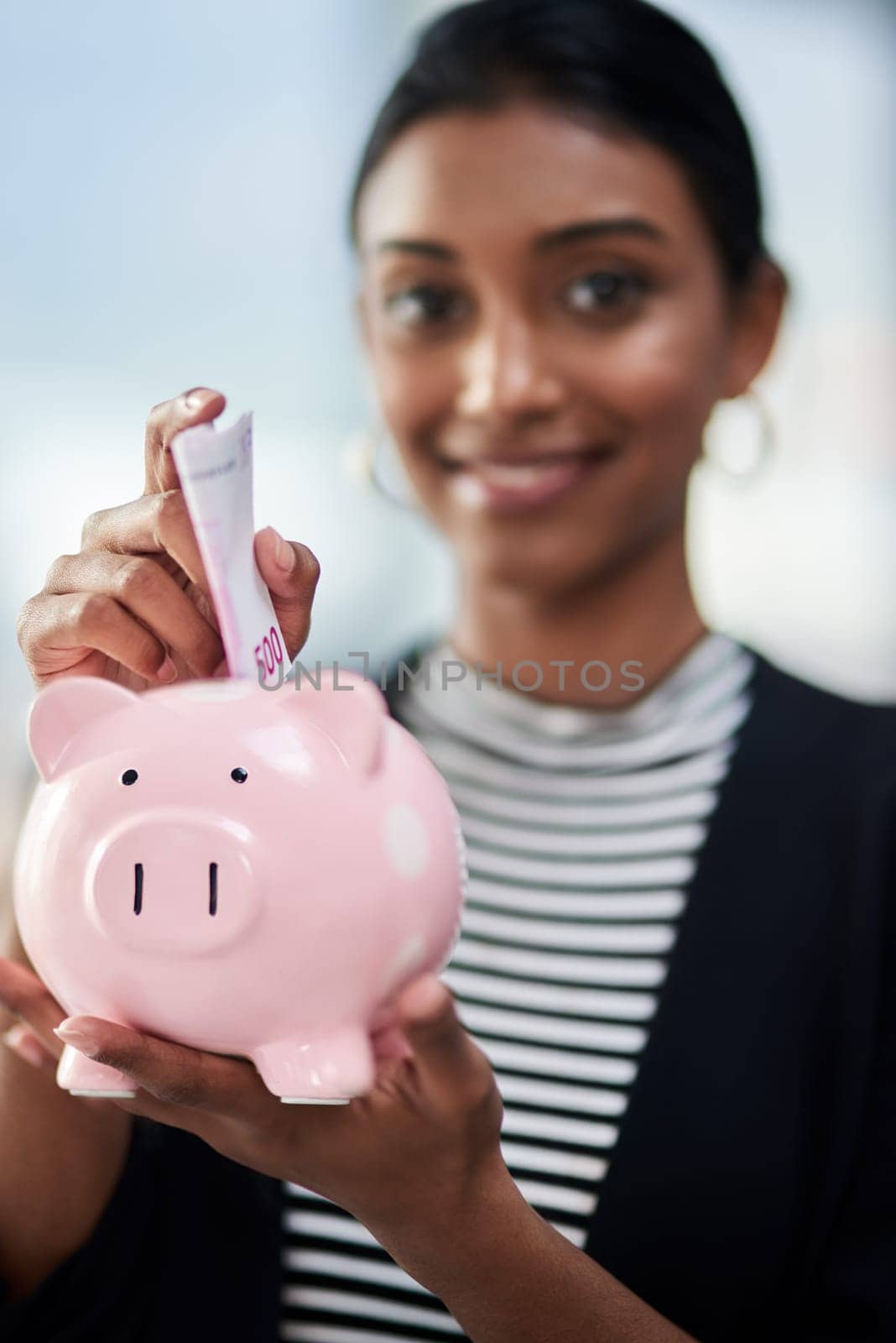 Woman, hands with piggy bank and saving money for future investment, financial freedom and growth closeup. Inflation, economy and wealth insurance with retirement fund, budget and cash for security.