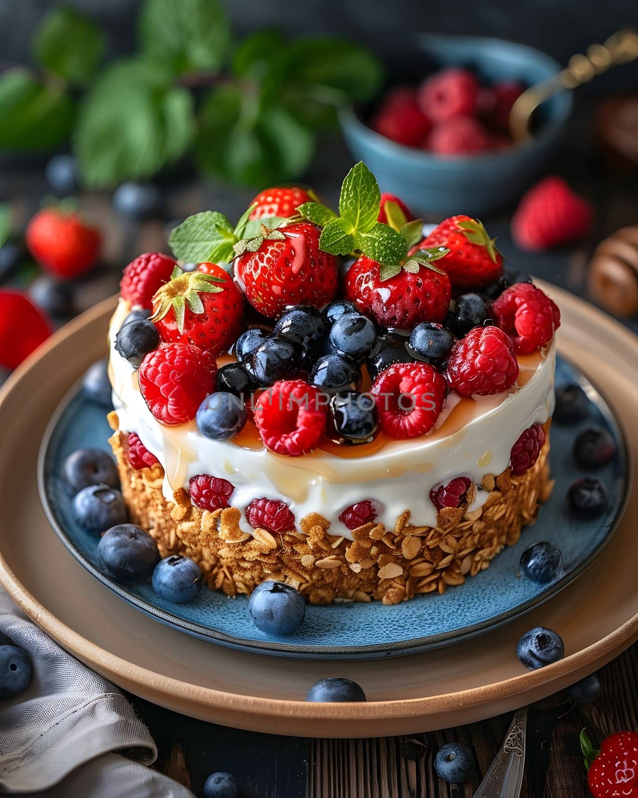 A delicious cake adorned with strawberries, raspberries, blueberries, and granola beautifully displayed on a plate, perfect for any dessert table