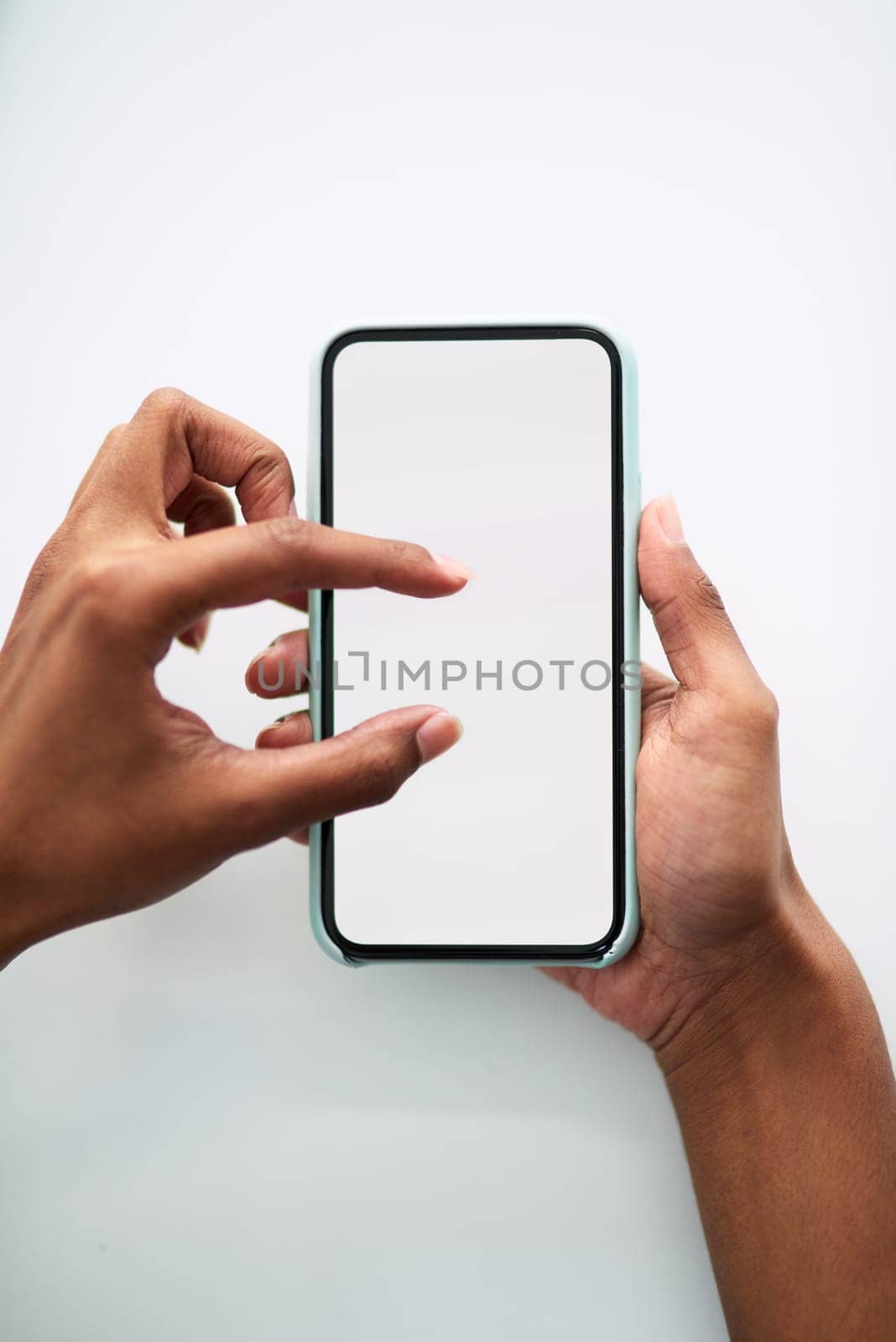 Phone screen, hands and scroll with mockup for advertising, digital campaign and voter registration app on white background. Person with online election information, about us and website UI marketing by YuriArcurs