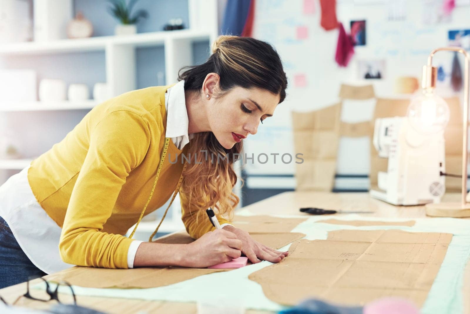 Designer, workshop and pattern for boutique, startup or trendy small business. Woman, fashion and drawing for creative, tailor clothes and skills in artistic design studio for entrepreneur seamstress.