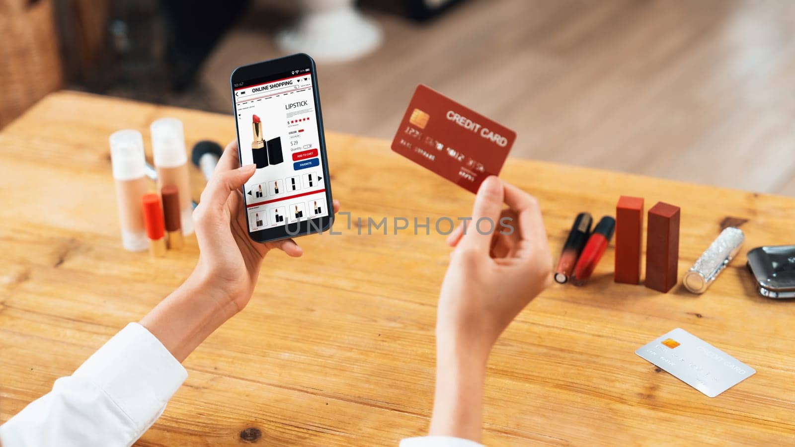 Woman shopping online on internet marketplace browsing for sale items for modern lifestyle and use credit card for online payment from wallet protected by uttermost cyber security software