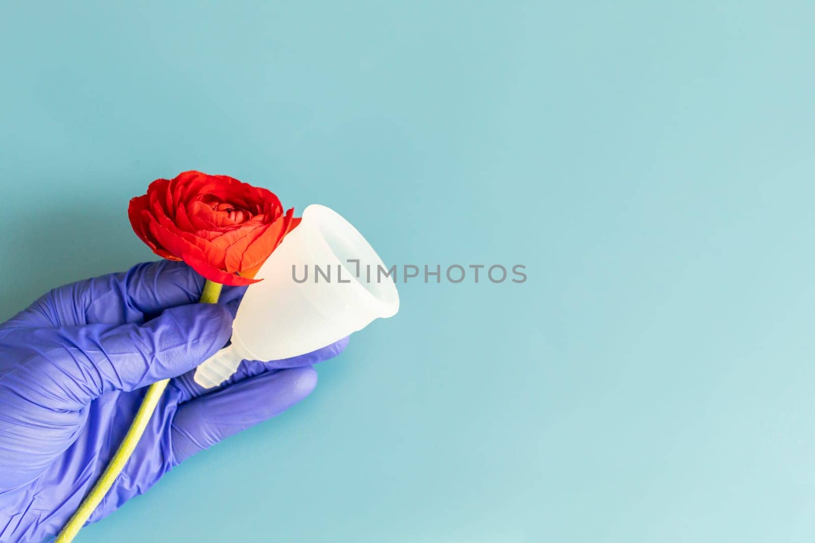 Mockup World Menstrual Hygiene Day On May, 28. Human Hand in Glove Holds menstrual cup and Red Flower on Blue Backdrop Copy Space, Horizontal Plane, Design by netatsi