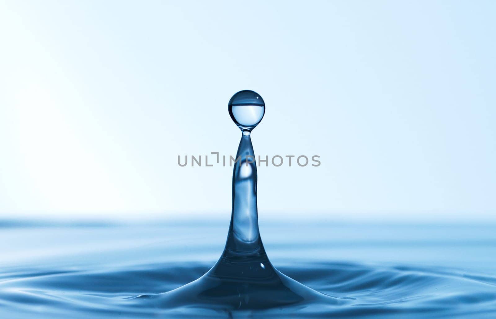 Water, drop and wave with ripple for splash, bubble or liquid fall of fluid, puddle or blue aqua. Closeup of rain droplet, element or drink for hygiene, hydration or natural sustainability on mockup.