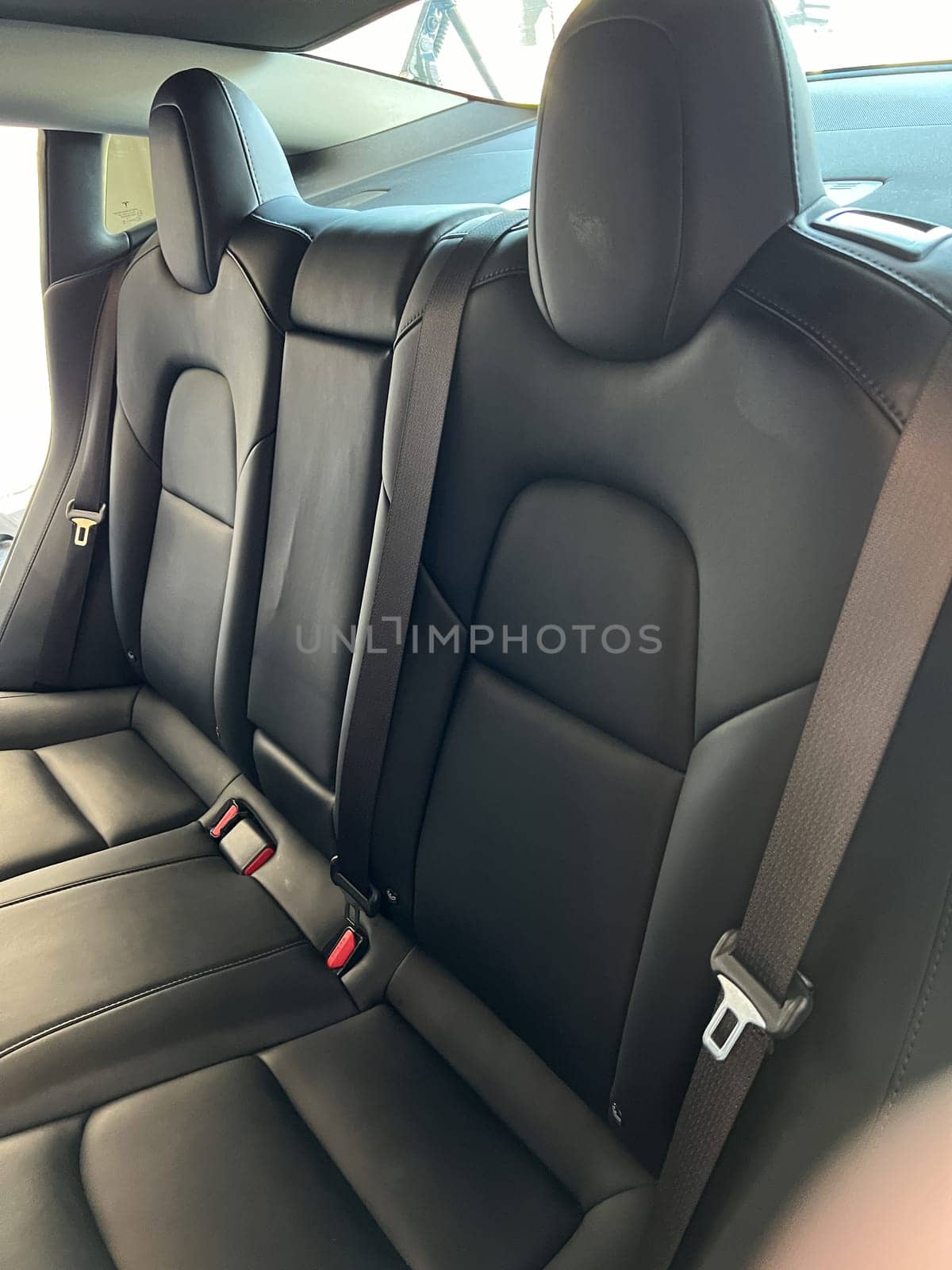 Castle Rock, Colorado, USA-March 14, 2024-The interior of a Tesla Model 3, featuring its premium black seats and modern dashboard, receives a meticulous cleaning in the garage of a private residence.