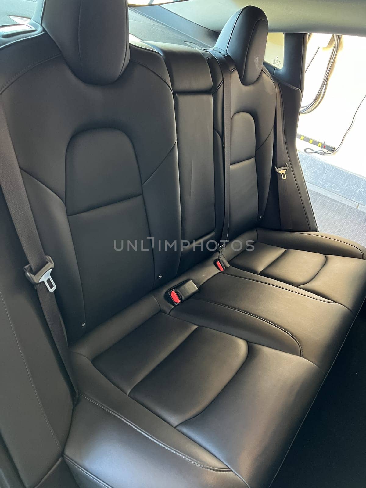 Castle Rock, Colorado, USA-March 14, 2024-The interior of a Tesla Model 3, featuring its premium black seats and modern dashboard, receives a meticulous cleaning in the garage of a private residence.