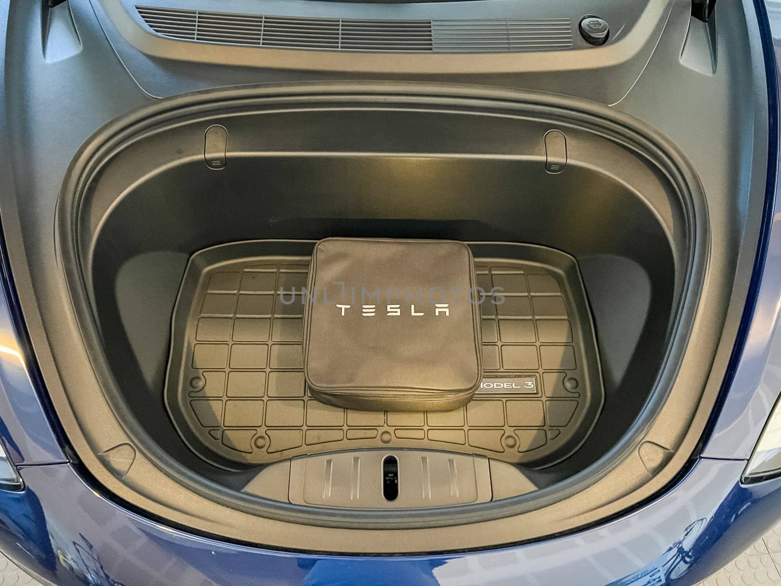 Castle Rock, Colorado, USA-March 14, 2024-The interior of a Tesla Model 3, featuring its premium black seats and modern dashboard, receives a meticulous cleaning in the garage of a private residence.