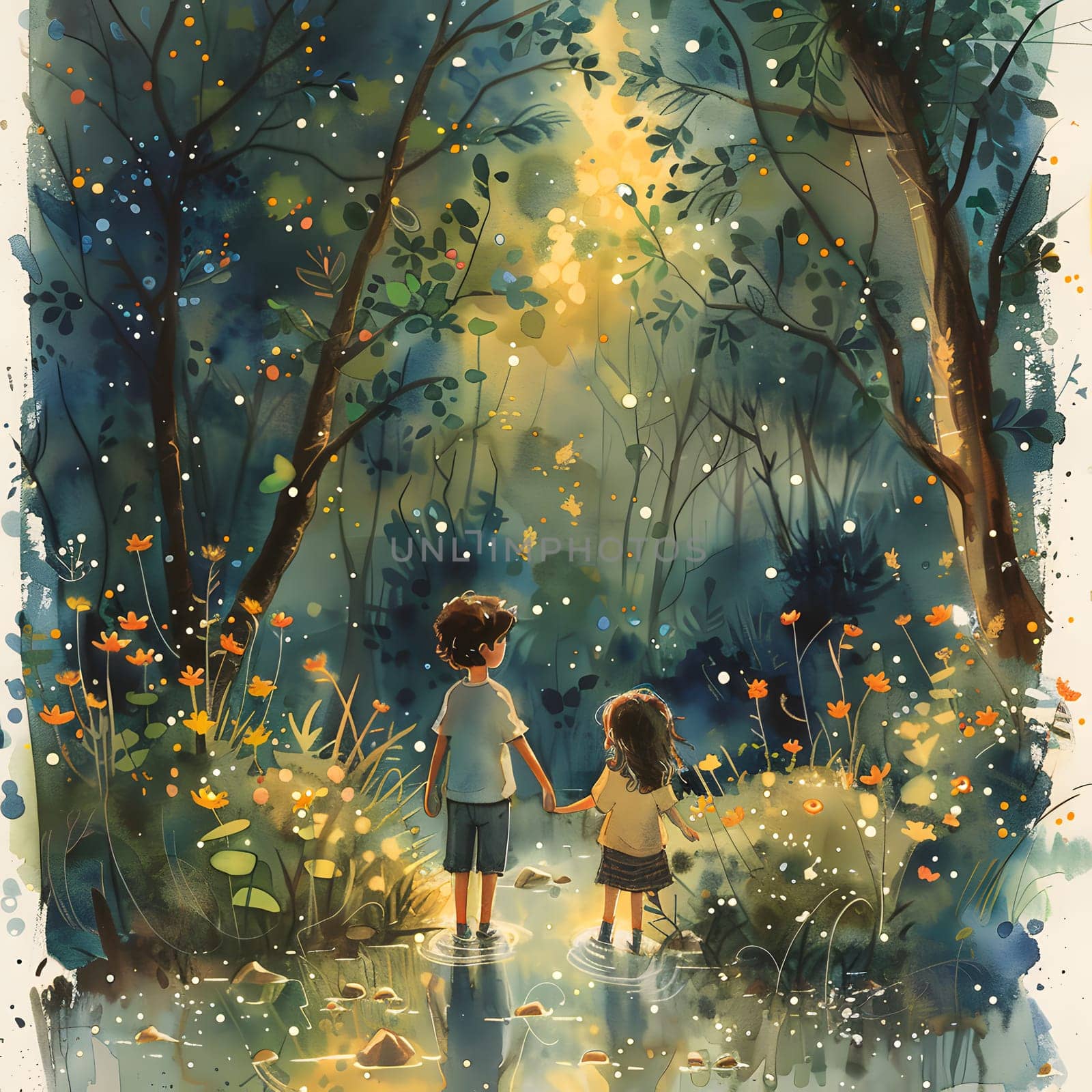 a boy and a girl are standing in a forest holding hands by Nadtochiy