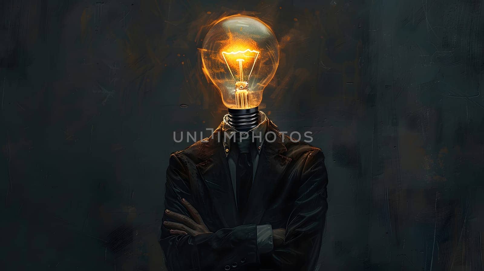 A man in a suit with a light bulb as head, automotive lighting inspiration by Nadtochiy