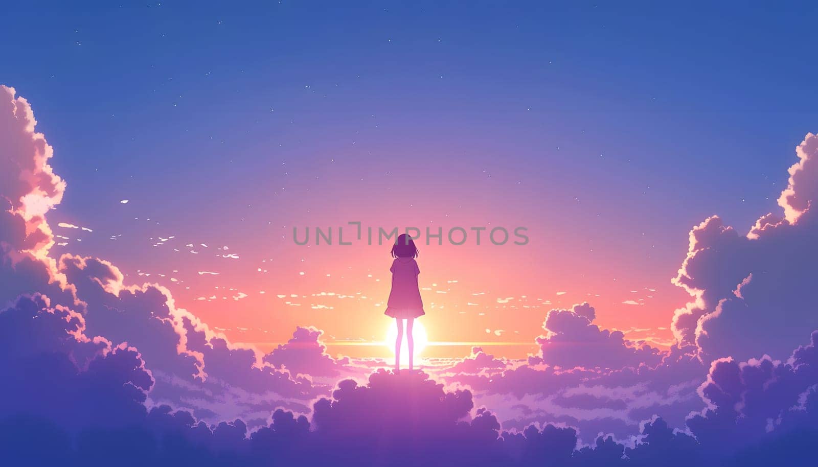 A girl stands amidst the clouds in the sky at dusk, surrounded by a violet afterglow. Her gesture blends with the natural landscape of water and atmosphere in the world