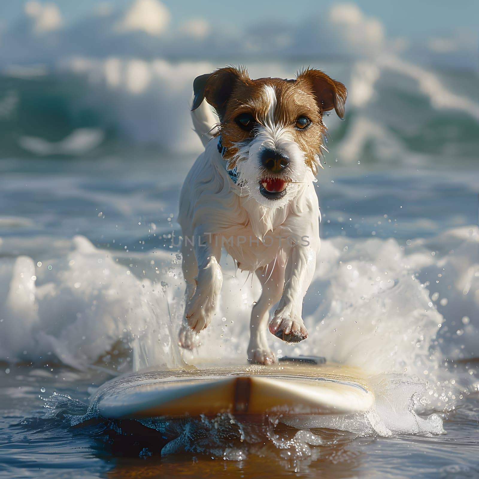 A Terrier dog rides a surfboard on the water waves by Nadtochiy