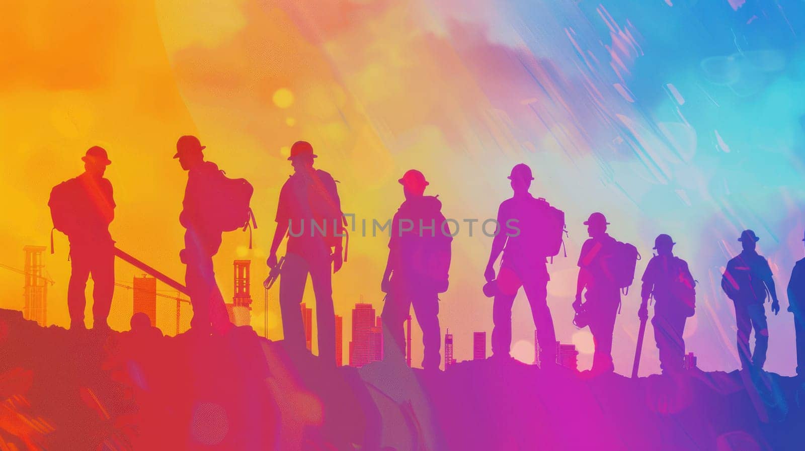 A group of men are standing on a hill, with a city in the background. The men are wearing backpacks and helmets, and they are all looking in the same direction. Concept of unity and teamwork