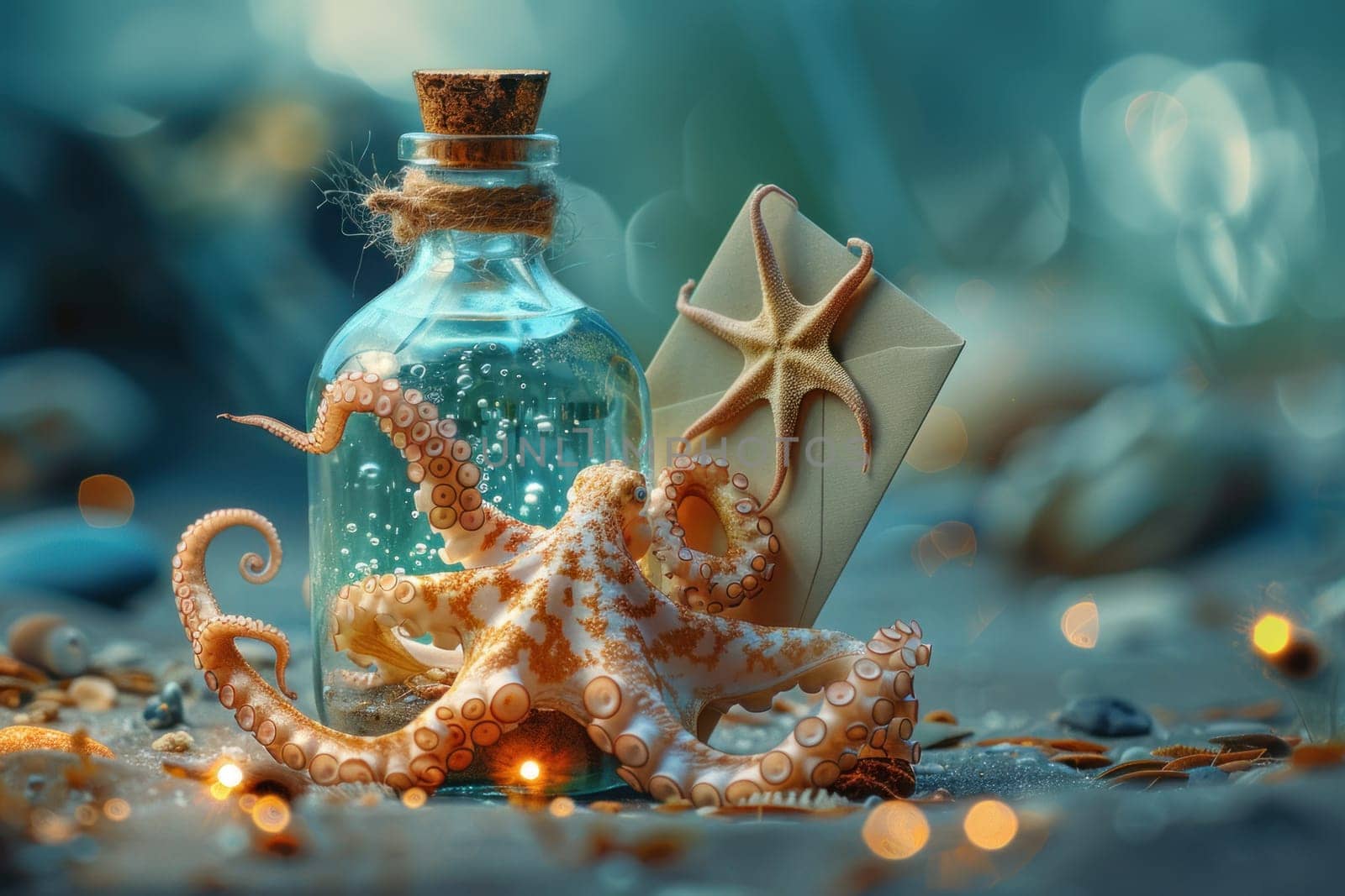 A bottle of liquid is next to a starfish and a letter. The scene is set on a beach with a blue sky in the background