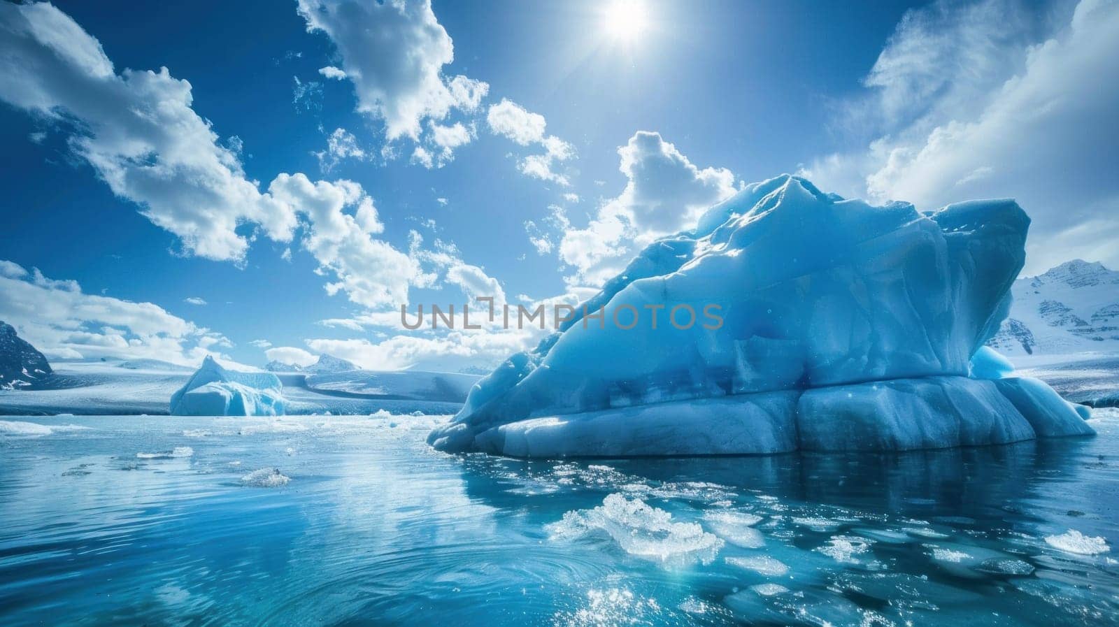 A large ice block sits in the middle of a body of water. The sky is clear and blue, with a few clouds scattered throughout. Concept of calm and serenity