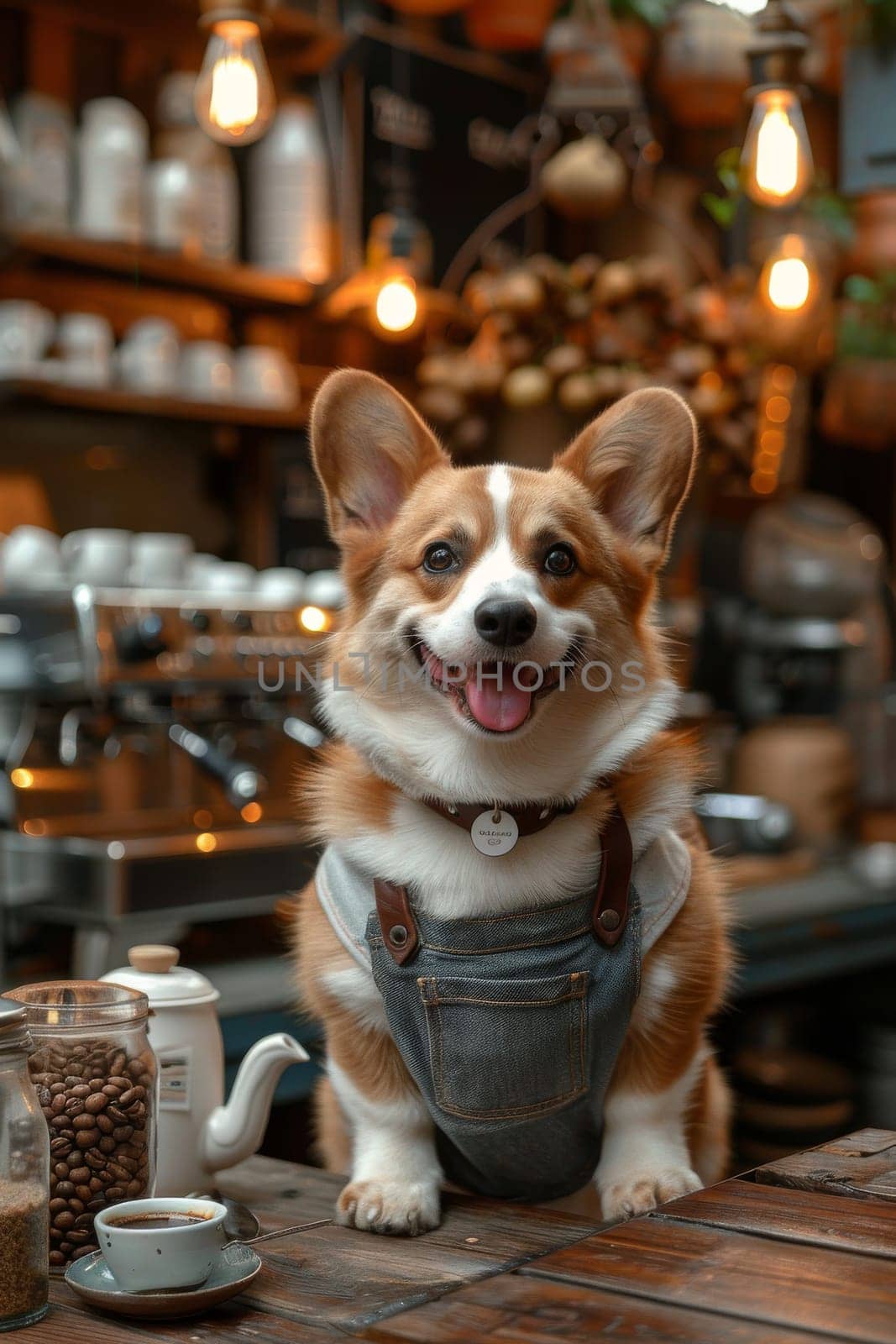 A dog is sitting on a counter in a coffee shop. The dog is wearing an apron and he is smiling