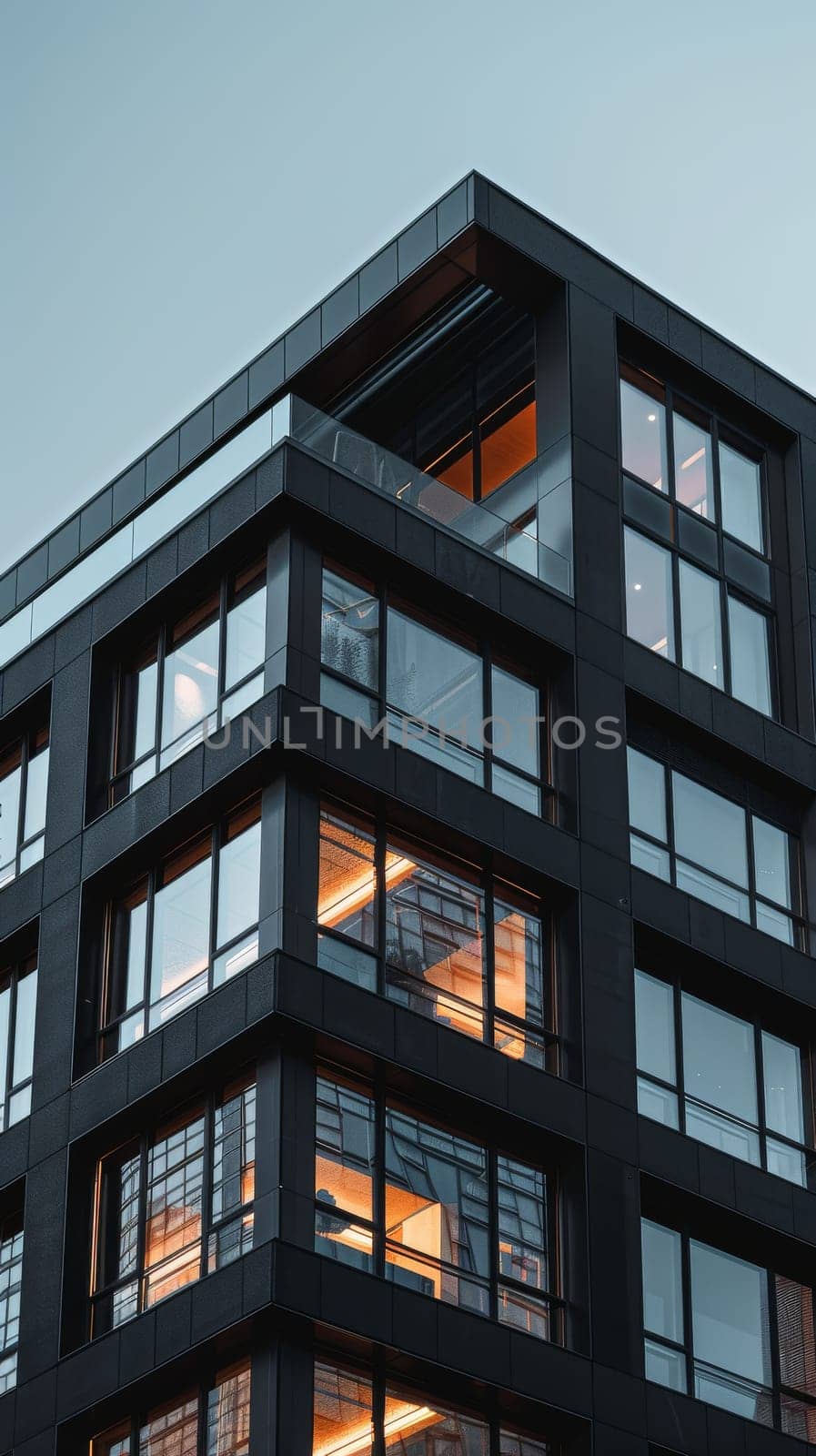 A tall building with a lot of windows and a sign on the side. The building is lit up with a warm glow, giving it a welcoming and inviting appearance. The surrounding area is quiet