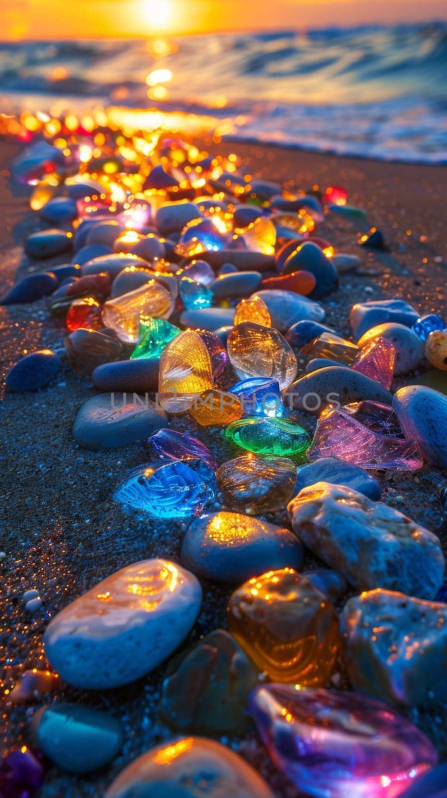 A beach scene with a long line of colorful rocks. The rocks are scattered across the beach, creating a beautiful and unique pattern. The colors of the rocks vary, with some being blue, green