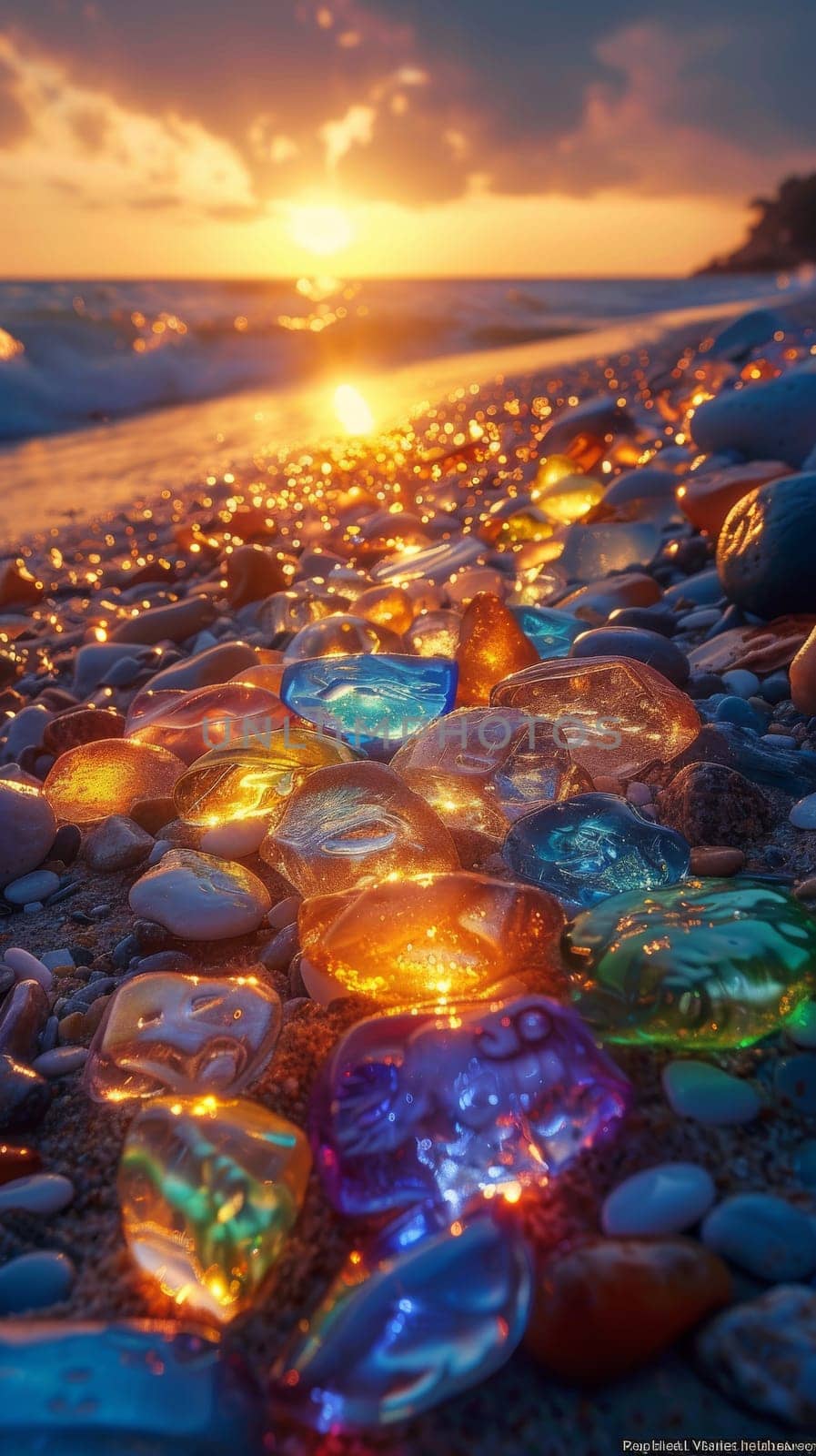 A beach scene with a long line of colorful rocks. The rocks are scattered across the beach, creating a beautiful and unique pattern. The colors of the rocks vary, with some being blue, green