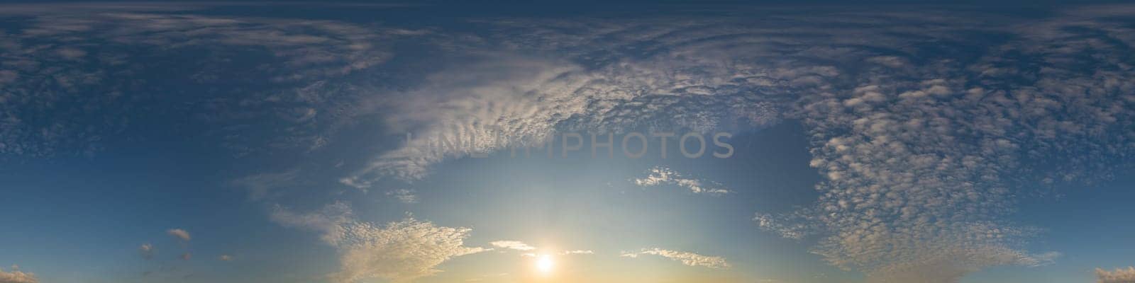 Sky panorama with Cirrus clouds in Seamless spherical equirectangular format. Full zenith for use in 3D graphics, game and editing aerial drone 360 degree panoramas for sky replacement